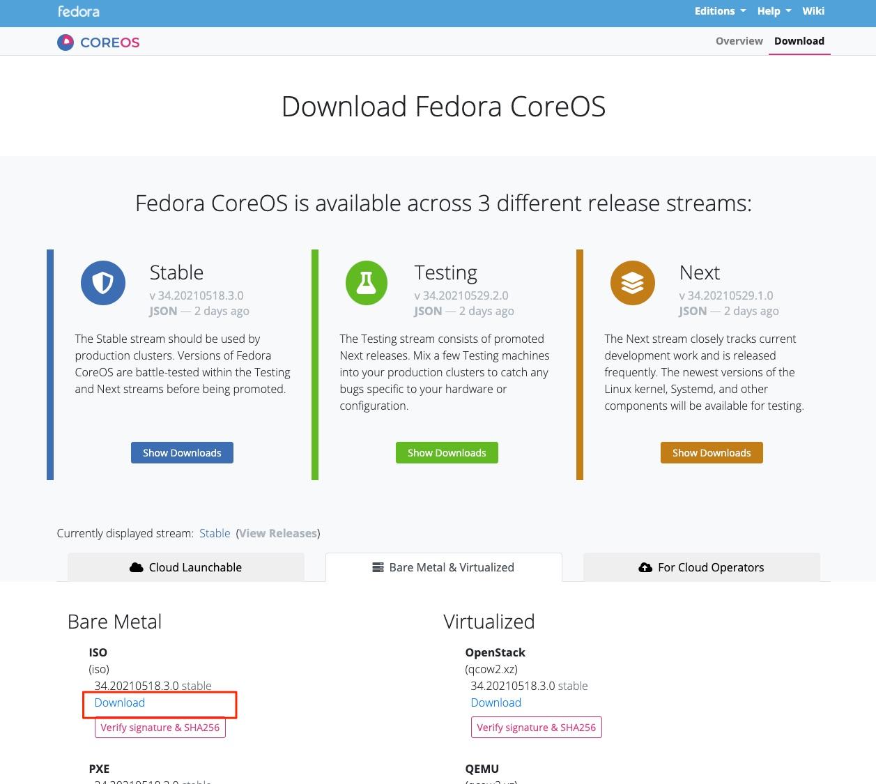 Fedora CoreOS ISOイメージのダウンロード