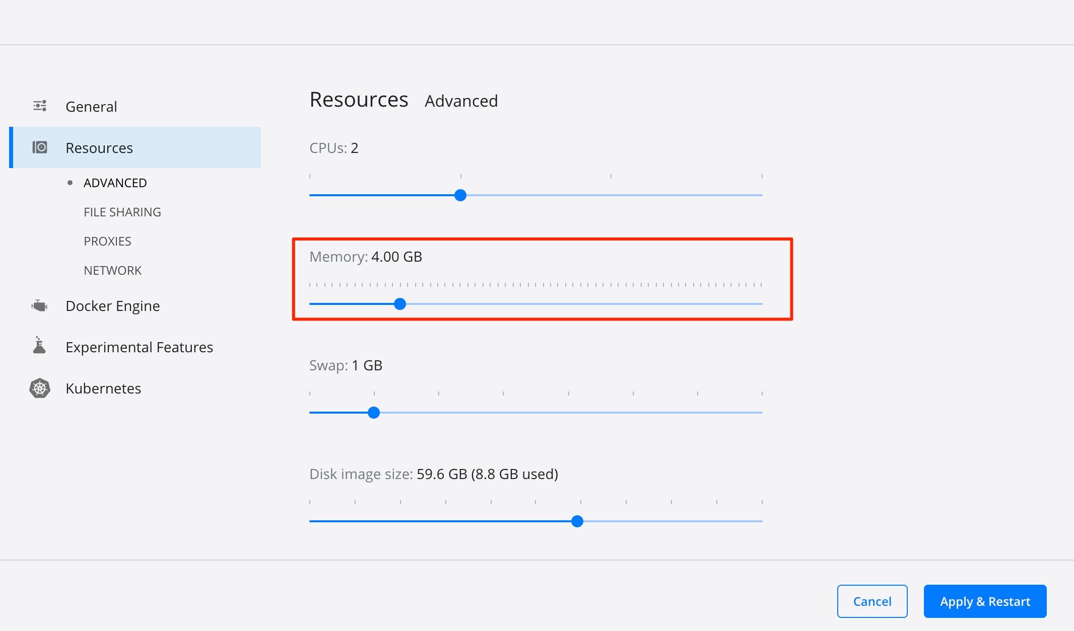 dockerのメモリ設定を4Gへ変更